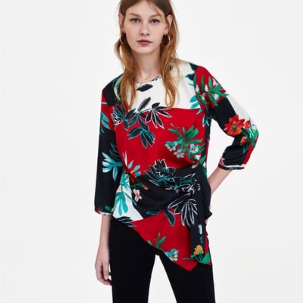 ZARA PRINT BLOUSE WITH PLEATS - Picture 6 of 8